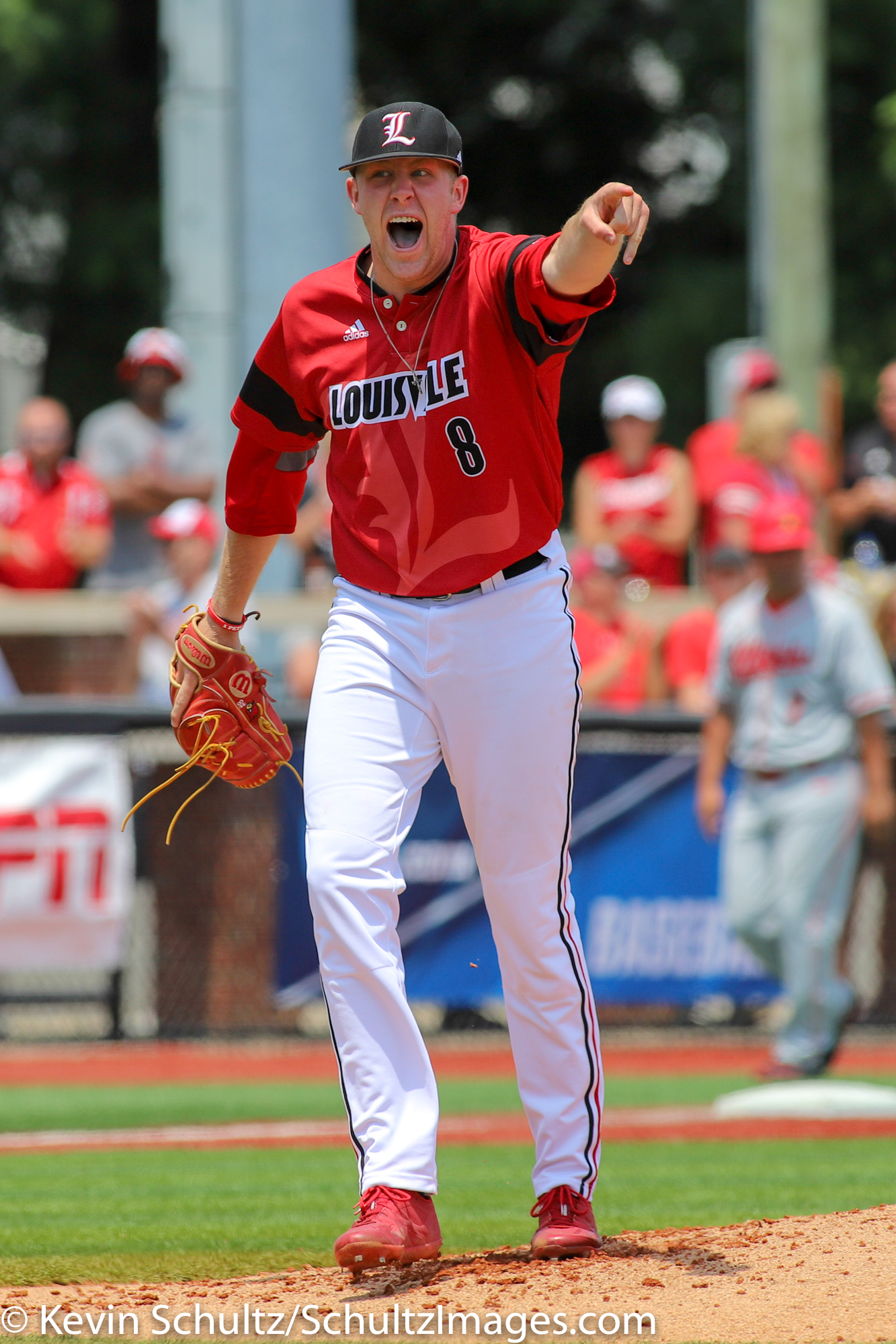 Louisville, KY, USA. 31st May, 2019. Nick Bennett of the Louisville  Cardinals celebrates a strikeout to end an inning in an NCAA Baseball  Regional at Jim Patterson Stadium in Louisville, KY. Kevin